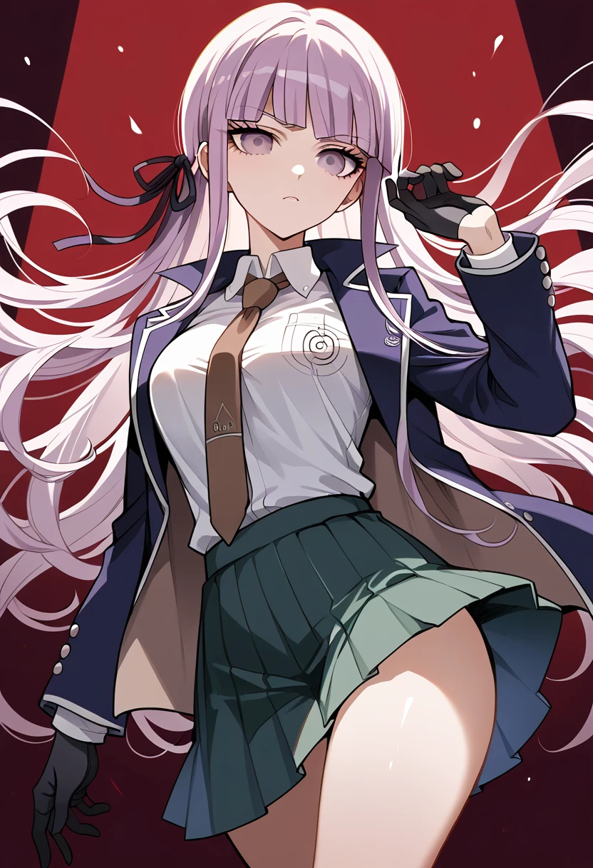 masterpiece,High resolution,Highest quality,8k
(Danganronpa,Kyouko Kirigiri,Purple Hair,Long Hair,Side braiding,Purple eyes,slender)(Black Ribbon,Black gloves,White collared shirt,Purple open jacket,Black pleated skirt,Brown tie,Printed necktie)