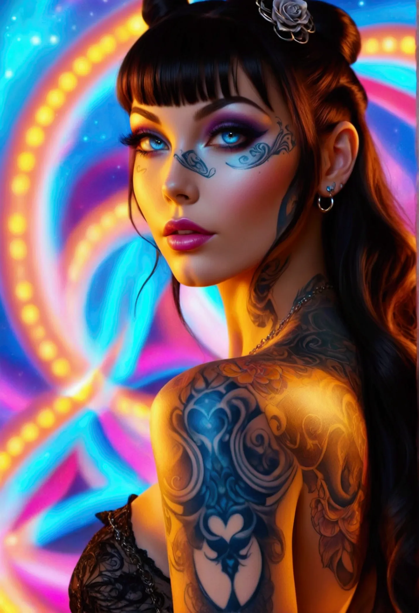 create a hyper detailed photograph of a perfectly simetrical tattooed curved young sexy female alien, stunningly perfect gorgeou...