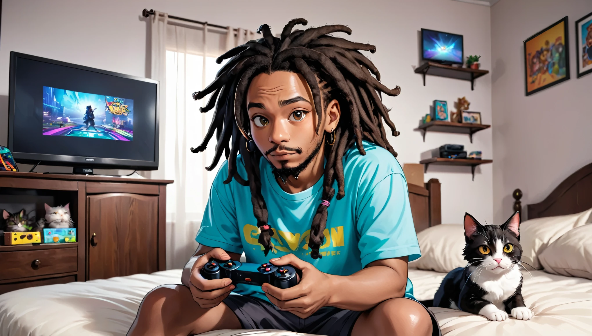 a black adult male with dreadlocks, sitting in room, playing video games on a tv, game controller in his hands, 2 cats on a bed,