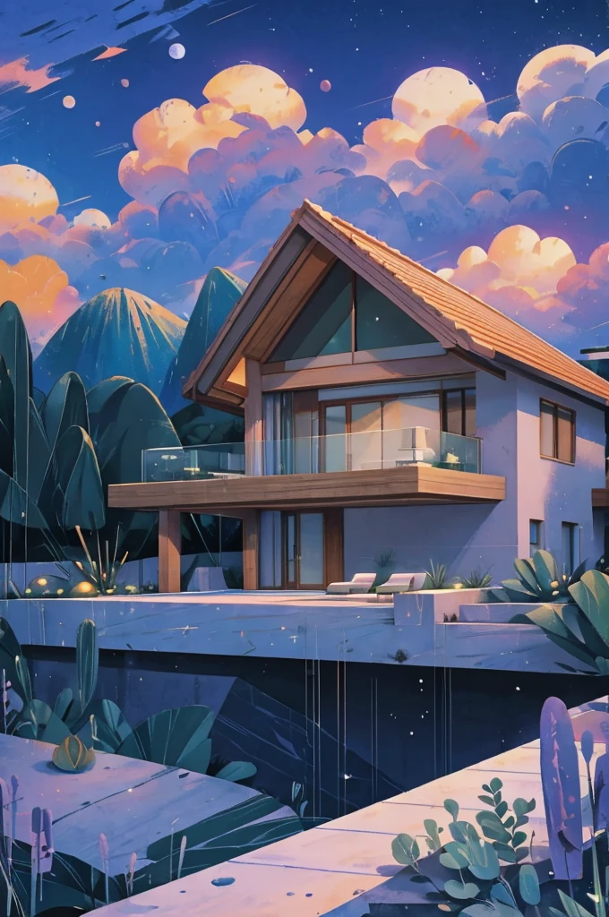 small and beautiful modern house in top of big boulders, terraces, pool, stairs, multiple cacti gardens, palms, trees, rocks, beautiful landscape design, mountains and volcano y background, amazing clouds, sun, moon, planets, milky way galaxy, concrete, wood, glass and steel materials, olive green, violet, orange and withe colors in facade