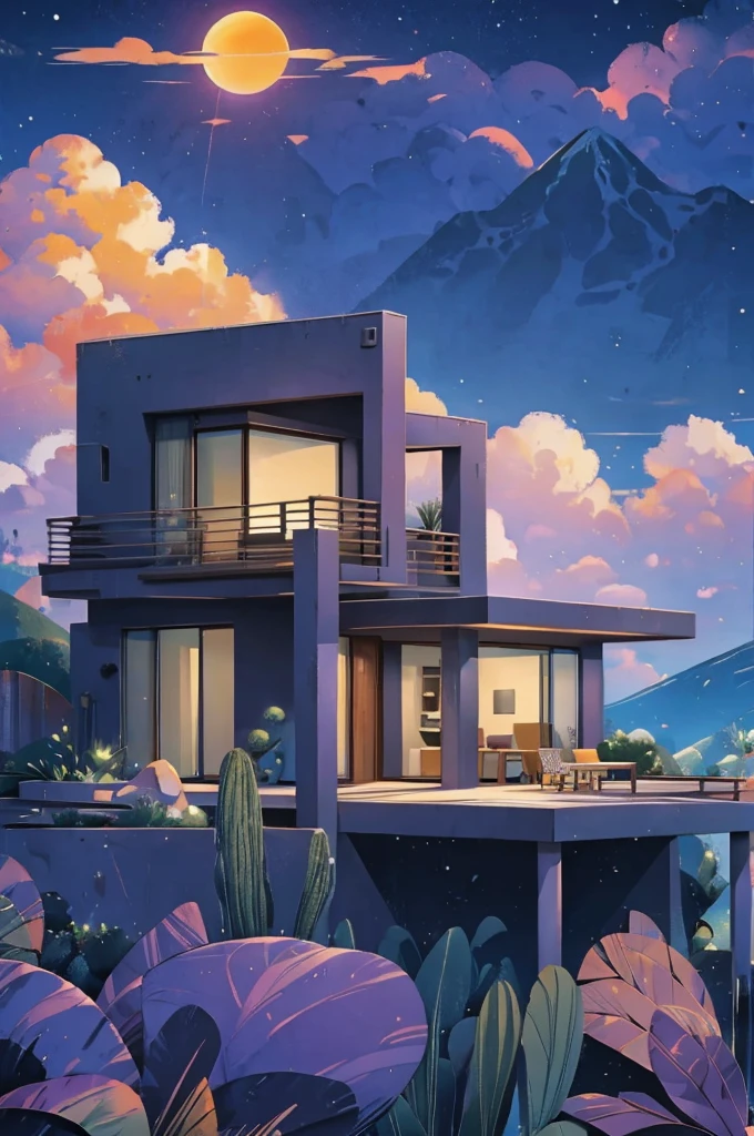 small and beautiful modern house in top of big boulders, terraces, pool, stairs, multiple cacti gardens, palms, trees, rocks, beautiful landscape design, mountains and volcano y background, amazing clouds, sun, moon, planets, milky way galaxy, concrete, wood, glass and steel materials, olive green, violet, orange and withe colors in facade