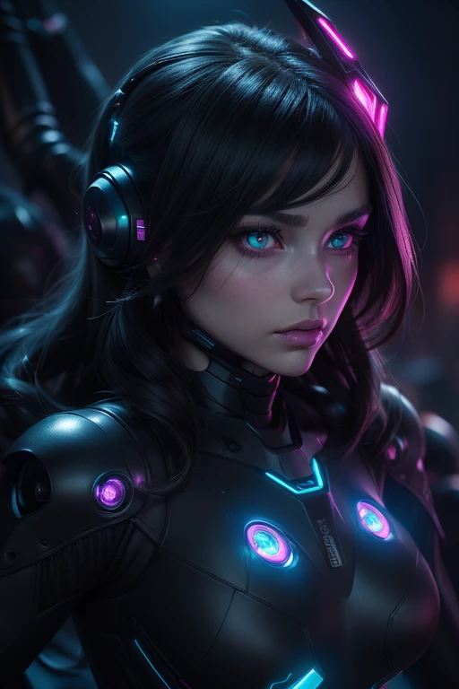 girl realistic and intricate perfect beauty face, detailed & asymmetric perfect sharp galaxy glowing eyes, detailed face, (((from face to the waist))), (((beauty shape))), ((in realistic neon-lit sci-fi black plugsuit metal mech parts and robotic tentacles with neon-lit lights)), masterpiece, 4k, UHD