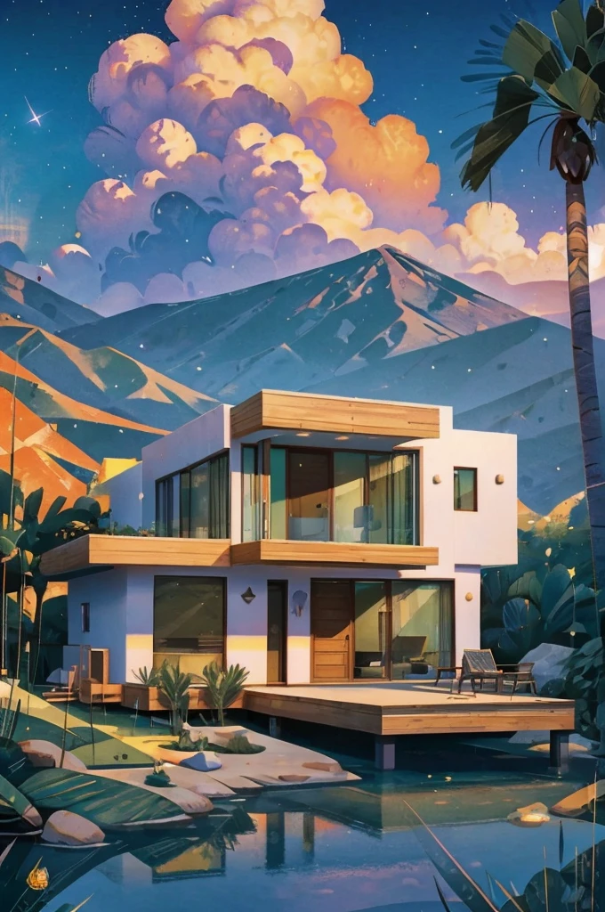 small and beautiful modern house in top of big boulders, terraces, pool, stairs, multiple cacti gardens, palms, trees, rocks, beautiful landscape design, mountains and volcano y background, amazing clouds, sun, moon, planets, milky way galaxy, concrete, wood, glass and steel materials, olive green, violet, orange and withe colors in facade