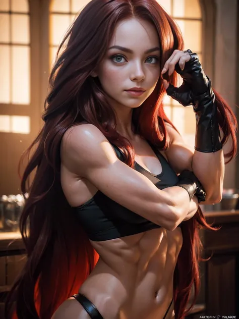 stunning, (flexing bicep pose:1.5), (long flowing red hair:1.5), greeneyes, seductively smiling, flirtatious, abs, real life, fu...