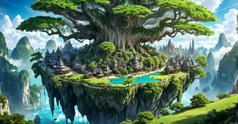 a magical city cradled on top of a karst island. at its center is a massive tree.