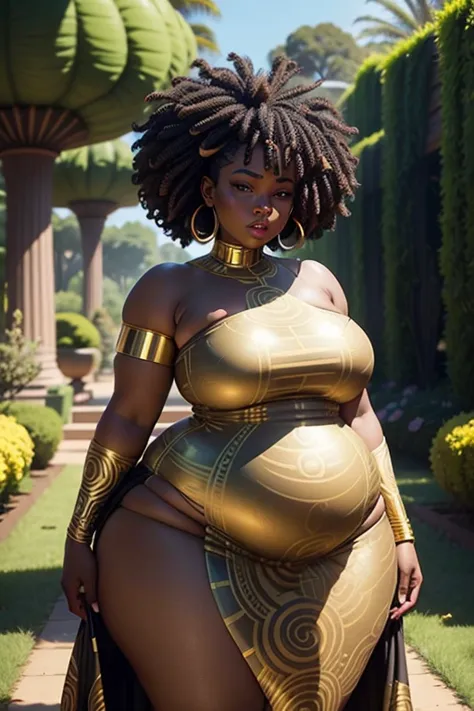 a beautiful fat black woman standing in a garden wearing a golden dress, black power hair, fat body, (thick body), african garde...