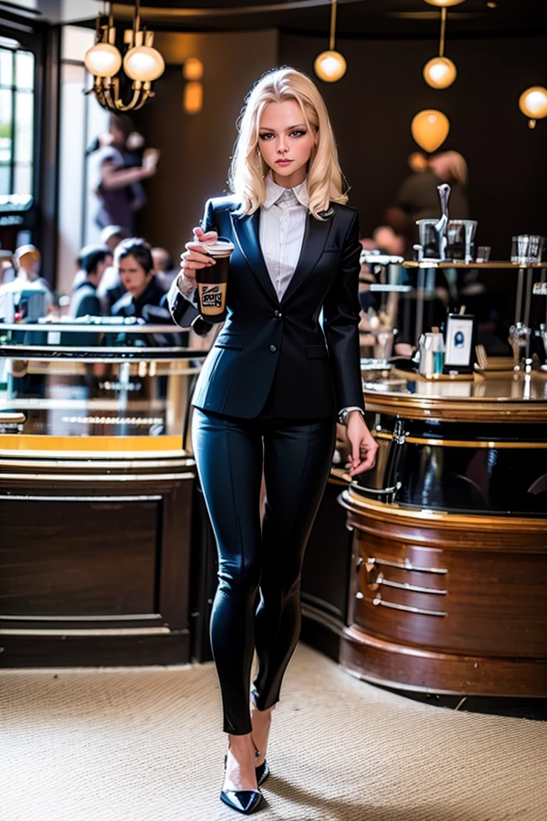 ((masterpiece, Highest quality, Best image quality, High resolution, Realistic, RAW Photos, 8k)), ((Highly detailed CG synthesis 8k wallpaper)), Incredible beauty, Perfect Proportions, Beautiful body, Slim body beauty:1.4), suit　((Coffee Shop))　blond Woman　（woman in her 20s)　Downcast eyes　taking notes 