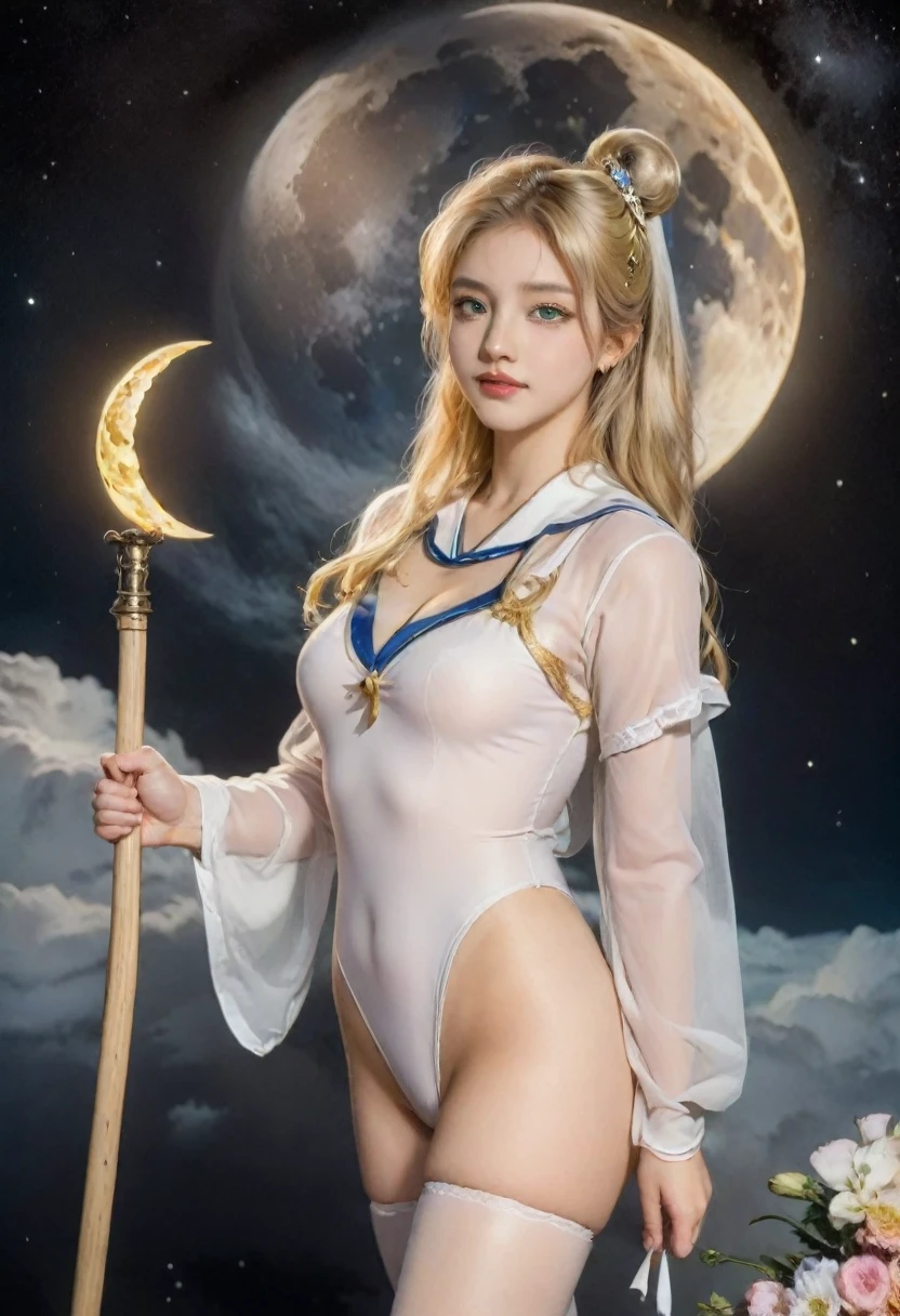 Sailor Moon, 1 girl, blue eyes, Long blond hair, Sailor Suit, Moon headdress, Hold the Moon Stick, standing on the moon, earth in background, space, Star, Confident smile.