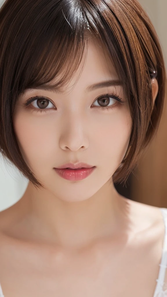  One girl, Japanese,Small breasts , ((Blonde short bob cut)), (Relaxed facial expression), ((Close-up of face with makeup:1.3))、((White Lingerie:1.3))、Luxury hotel bedroom、Looking at the camera、(Elegant lighting)
