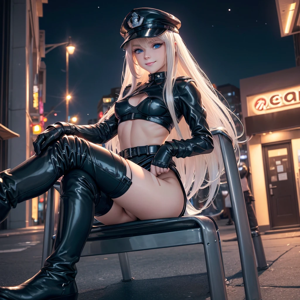 (Little Girl.Cosplay.he is short.Beautiful white skin.Sharp, large eyes.Lean, muscular body.Platinum blonde hair color.Long Straight Hair.Beautiful blue eyes.Thin eyebrows.Dark eyeshadow.Very small breasts.Very thin chest.Narrow waist.Skin is radiant).(Sexy see-through black police uniform.Nipples.Black thong panties.Black boots with belts.Uniform cap).(Futuristic City.Late night city.Sidewalk.sitting on a chair in a cafe.Smiling)Perfect Face.Accurate human body.Accurate five fingers.High resolution.It&#39;s dynamic.Whole body image.Looking up from the thighs