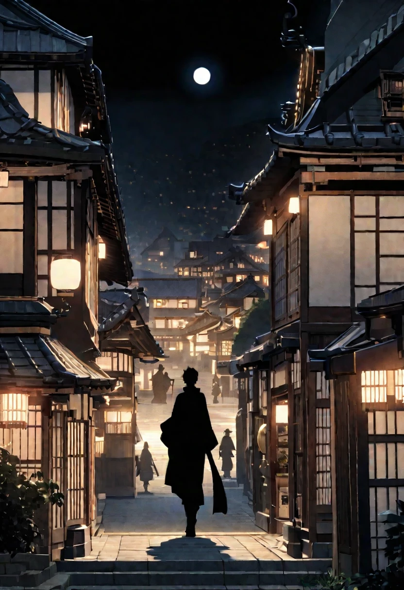 Historic Japanese townscape at night、A black-clad thief is walking stealthily。In the distance, I can see the lights of a luxurious mansion.、The thieves are heading for it。His figure is drawn vaguely like a silhouette.、Blending into the townscape