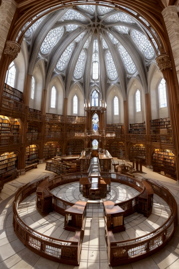 Gothic architecture、library、spiral stage、Sunlight from above