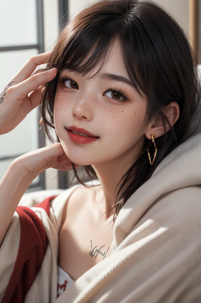 1 girl, Japanese, 4k, realistic, soft skin, texturized skin, short whavy black hair with bangs, bob hairstyle, colorful hair, shining brown eyes, red eyeliners, shining red lips, soft makeup, freckles, round gold earings, pijama, covered by a red blanket, tattoos, smile, waking up from bed, yawning, covering mouth, soft lighting, portrait, bright colors, looking directly to the viewer.