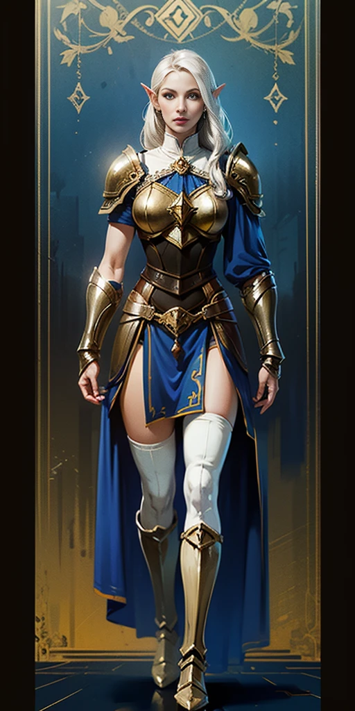 masterpiece, best quality, high quality, white SKIN elf, long hair, white hair, yellow eyes, full body, def_effie, blue breastplate, white skin, looking at viewer, shiny,armor, thighhighs, high boots,shoulder armor, faulds, poleyn, gloves, gauntlets