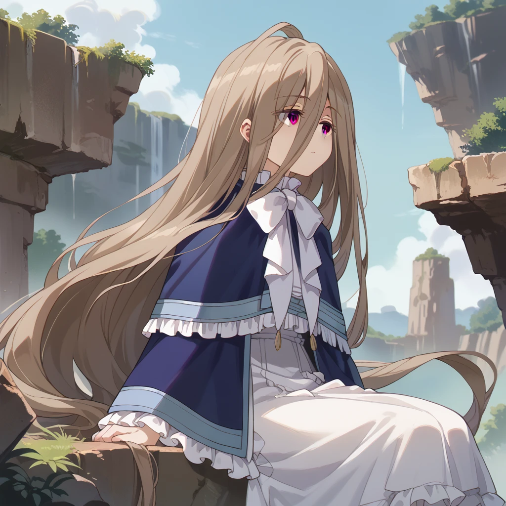 masterpiece,best quality,cowboy shot,from side,sitting down on the rock cliff edge,cowboy shot,front shot,solo,1girl,youg girl,sense \(sousou no frieren\),brown eyes,very long hair,absurdly long hair,hair between eyes,eyes visible through hair, blue capelet,frilled dress,white long dress,(ahoge),