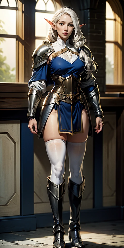 masterpiece, best quality, high quality, white SKIN elf, long hair, white hair, yellow eyes, full body, def_effie, blue breastplate, white skin, looking at viewer, shiny,armor, thighhighs, high boots,shoulder armor, faulds, poleyn, gloves, gauntlets