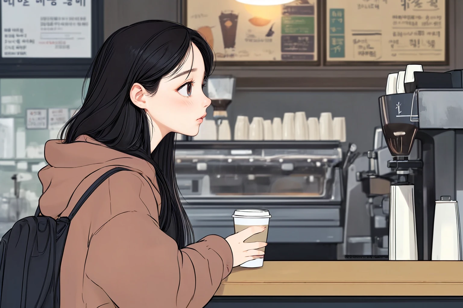 (best quality, ultra-detailed, photorealistic:1.2), realistic anime coffee shop