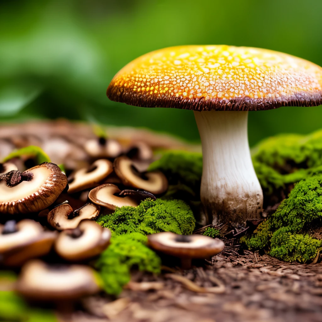 Two bright yellow mushrooms with bumpy caps stand side by side in a forest setting. They are surrounded by a mix of green moss and brown pine needles, contrasting the mushrooms' vibrant color. The natural lighting highlights the texture of the mushrooms and creates a serene, earthy atmosphere. This close-up shot uses a shallow depth of field to focus on the mushrooms while the background remains slightly blurred, emphasizing the intricate details on the mushrooms' caps.