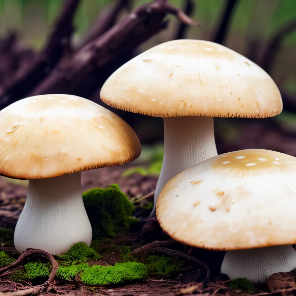 Two bright yellow mushrooms with bumpy caps stand side by side in a forest setting. They are surrounded by a mix of green moss and brown pine needles, contrasting the mushrooms' vibrant color. The natural lighting highlights the texture of the mushrooms and creates a serene, earthy atmosphere. This close-up shot uses a shallow depth of field to focus on the mushrooms while the background remains slightly blurred, emphasizing the intricate details on the mushrooms' caps.