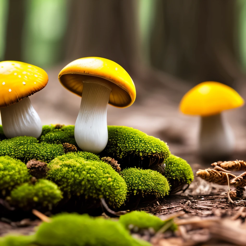 Two bright yellow mushrooms with bumpy caps stand side by side in a forest setting. They are surrounded by a mix of green moss and brown pine needles, contrasting the mushrooms' vibrant color. The natural lighting highlights the texture of the mushrooms and creates a serene, earthy atmosphere. This close-up shot uses a shallow depth of field to focus on the mushrooms while the background remains slightly blurred, emphasizing the intricate details on the mushrooms' caps.