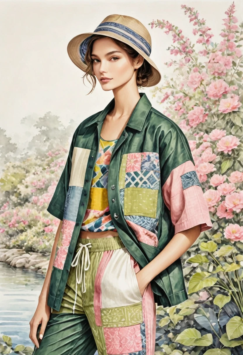 candid fashion illustration of young male supermodels, 20 year old, tall and slender, ((showcase in fashionable linen outfits in front and back view, inspired by modern and elegant style, (presenting in collage and patch-work style). collage with the mixed of E-co print and ethnic motifs fabric, with color blending of dark green, soft pink, lime, blue and purple. he wears a short-sleeved shirt with oversized patchwork Jacket, Sashiko details. paired with earth tone Drawstring pants. completes the look with striped sneakers, camping hat, Captured in a ((full-body image)), relax and simple pose, ((in water-color paint on white paper background), realistic pencil lines, imperfect drawing, charcoal lines detail, fading sketch, fashion Sketching, low angle view, (full body drawing),