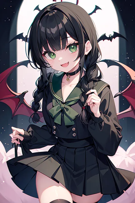 vampire, green ribbon sailor shirt, green eyes, black skirt, black hair, french braid, black thighhighs, fangs, mischievous smil...