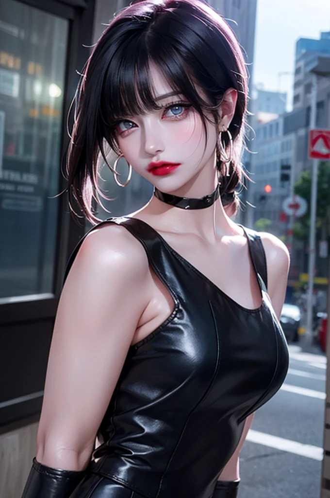 Hair above one eye, Red eyes, Clear Eyes, choker, Open jacket, Against the wall,Tire graffiti, Shineing tattoos, Shine, Neon Light, Black light,Anime Style, movie portrait photography, 1 female, 22 years ago, Whole Body Ezbian,Blue Eyes Background, Big and ample breasts, anger, (Scarlet Hair), Long Hair, Purple eyes, Wearing a short black dress, (Natural skin texture Sharp details, Surreal, (Realistic eyes, Natural skin texture, Realistic facial details), Soft and dramatic lighting, Written boundary depth, Bokeh, Sharp details, Surreal, 35mm movie, Blurred, movie,lipstick, ear piercing, eye shadow, Hoop Earrings, Red pink lips, Multicolored Red eyes, Purple Theme,Wear an iridescent aura,Beautiful Eyes,Standing in front of the red gate、Bold Pose、Strike a Pose,Top ponytail,drooping bangs,sit