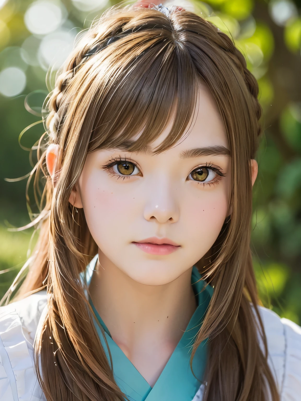 Nanashi Mumei, Owl Girl, Beautiful Girl, age 20, brown crown braided ponytail long hair, High nose, Sharp eyes, A noble and inviolable character, (([woman]: 1.2 + [beauty]: 1.2 + Long brown hair: 1.2)), floating paper bag friend, background, Bright Eyes, Dynamic angles and postures, wallpaper. owl feather hair ornament, forest background