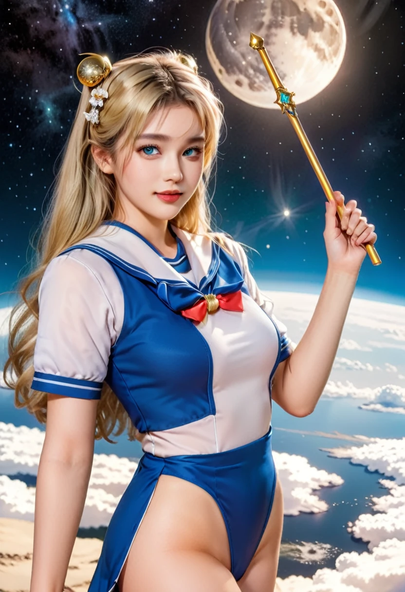 Sailor Moon, 1 girl, blue eyes, Long blond hair, Sailor Suit, Moon headdress, Hold the Moon Stick, standing on the moon, earth in background, space, Star, Confident smile.