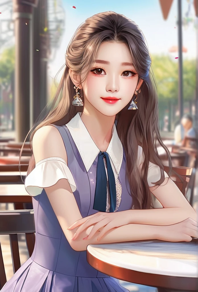 (best quality best,high resolution,Ultra-detailed), masterpiece, best quality, 섬세한 eye동자, eye, looking at viewer, Attractive perfect face, (full body shot), (Wearing_party clothes:1.2), 1 woman, alone, long hair, smirk, sleeveless, forehead, blush, clothing cutouts, long hair, glowing skin, Outdoor seating in a large plaza with detailed background, sky, upper body, very detailed, Best realistic photos, 