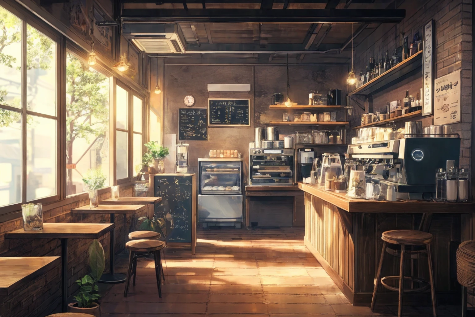 (best quality, ultra-detailed, photorealistic:1.2), realistic anime coffee shop