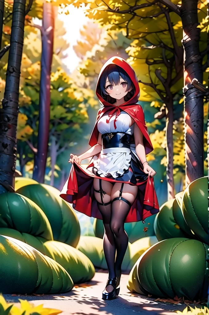 Best quality, masterpiece, ultra high res, raw photo, beautiful and aesthetic,deep shadow, dark theme,(photorealistic:1.4),
(little red riding hood, teasing smile, maid dress, black thigh highs), full body composition, ((solo)), sunset, verdant forest, vibrant color palette, outdoors,