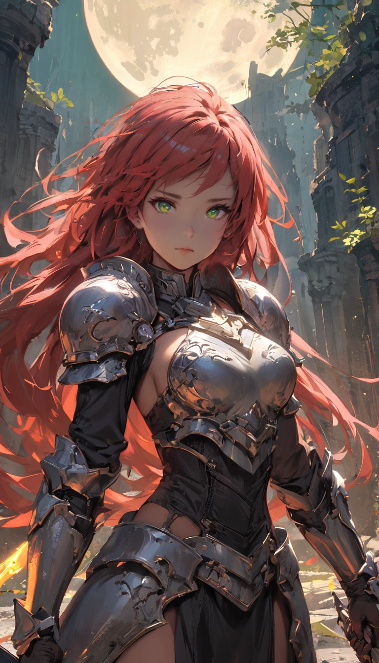 (masterpiece), (best quality:1.4), (perfect anatomy:1.4), high quality, expressive eyes, portrait, detailed face, beautiful face, perfect face, {1 girl}, in her armored knight form, standing amidst the ancient ruins of a faerie stronghold. The ruins are overgrown with twisting vines and moss-covered stones, giving the impression of a forgotten kingdom reclaimed by nature. Rhode stands tall and resolute, clad in her magical armor styled after the Eurasian lynx, with her hazel eyes gleaming with determination. Her fiery red hair cascades in loose waves down her back, contrasting with the muted colors of her surroundings. In one hand, she holds her enchanted Fae blade, its blade shimmering with otherworldly energy. In the other hand, she holds a sprig of wildflowers, symbolizing her connection to the natural world and her role as a protector of the faerie realm. Behind her, the silhouette of a full moon rises in the night sky, casting an ethereal glow over the scene and hinting at the mystical powers that lie dormant within Rhode. As she surveys the ruins with a mix of solemnity and resolve, Rhode's presence exudes strength, grace, and a timeless sense of duty to her people and her homeland.