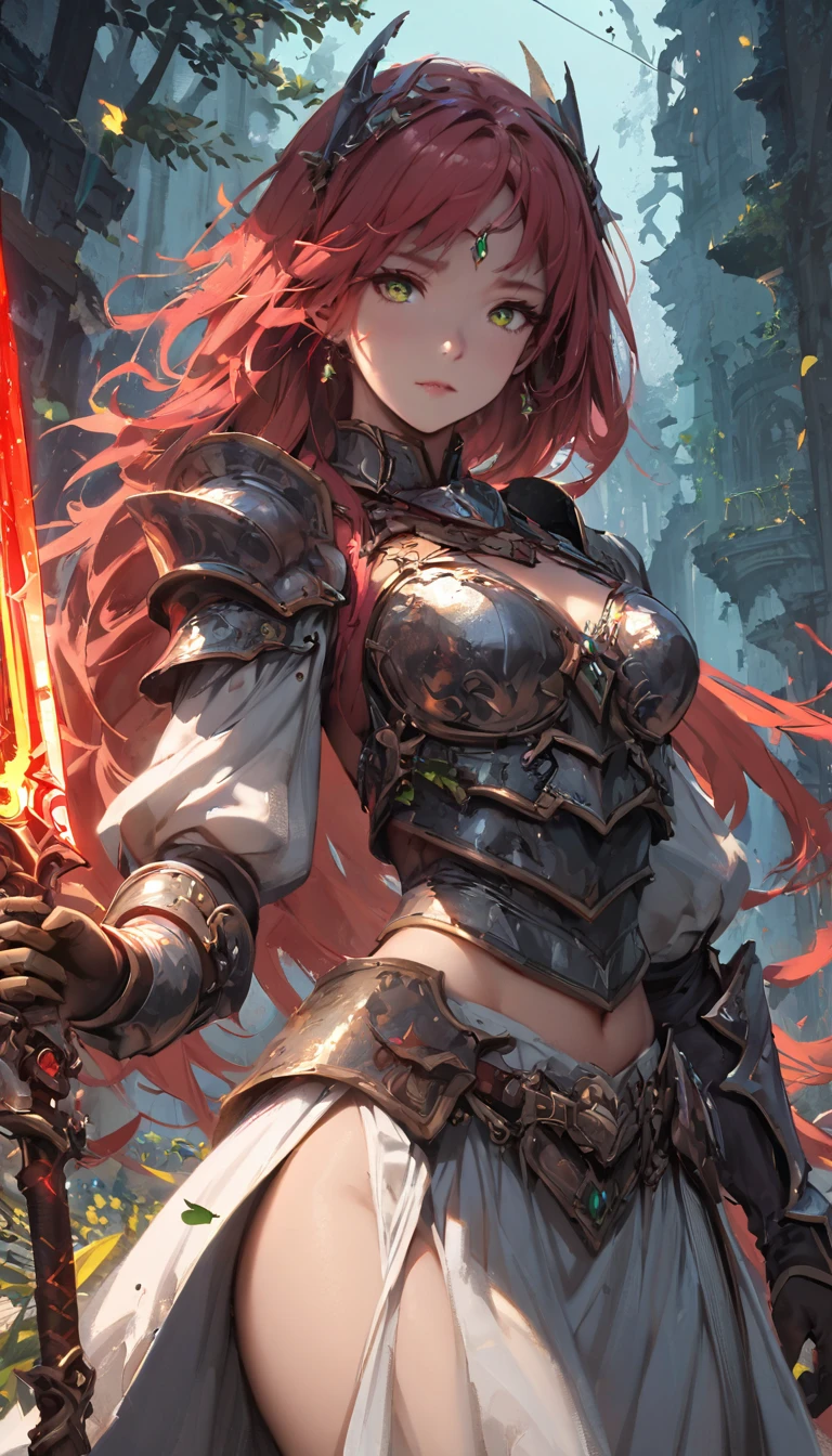 (masterpiece), (best quality:1.4), (perfect anatomy:1.4), high quality, expressive eyes, portrait, detailed face, beautiful face, perfect face, {1 girl}, in her armored knight form, standing amidst the ancient ruins of a faerie stronghold. The ruins are overgrown with twisting vines and moss-covered stones, giving the impression of a forgotten kingdom reclaimed by nature. Rhode stands tall and resolute, clad in her magical armor styled after the Eurasian lynx, with her hazel eyes gleaming with determination. Her fiery red hair cascades in loose waves down her back, contrasting with the muted colors of her surroundings. In one hand, she holds her enchanted Fae blade, its blade shimmering with otherworldly energy. In the other hand, she holds a sprig of wildflowers, symbolizing her connection to the natural world and her role as a protector of the faerie realm. Behind her, the silhouette of a full moon rises in the night sky, casting an ethereal glow over the scene and hinting at the mystical powers that lie dormant within Rhode. As she surveys the ruins with a mix of solemnity and resolve, Rhode's presence exudes strength, grace, and a timeless sense of duty to her people and her homeland.