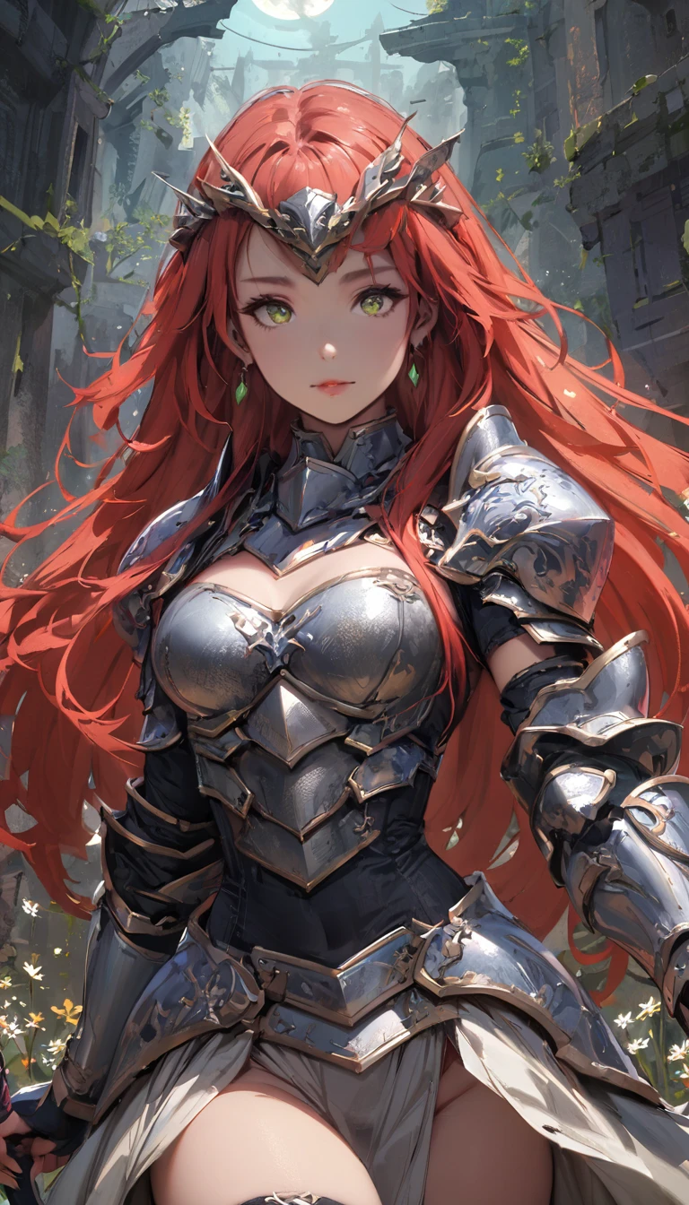 (masterpiece), (best quality:1.4), (perfect anatomy:1.4), high quality, expressive eyes, portrait, detailed face, beautiful face, perfect face, {1 girl}, in her armored knight form, standing amidst the ancient ruins of a faerie stronghold. The ruins are overgrown with twisting vines and moss-covered stones, giving the impression of a forgotten kingdom reclaimed by nature. Rhode stands tall and resolute, clad in her magical armor styled after the Eurasian lynx, with her hazel eyes gleaming with determination. Her fiery red hair cascades in loose waves down her back, contrasting with the muted colors of her surroundings. In one hand, she holds her enchanted Fae blade, its blade shimmering with otherworldly energy. In the other hand, she holds a sprig of wildflowers, symbolizing her connection to the natural world and her role as a protector of the faerie realm. Behind her, the silhouette of a full moon rises in the night sky, casting an ethereal glow over the scene and hinting at the mystical powers that lie dormant within Rhode. As she surveys the ruins with a mix of solemnity and resolve, Rhode's presence exudes strength, grace, and a timeless sense of duty to her people and her homeland.