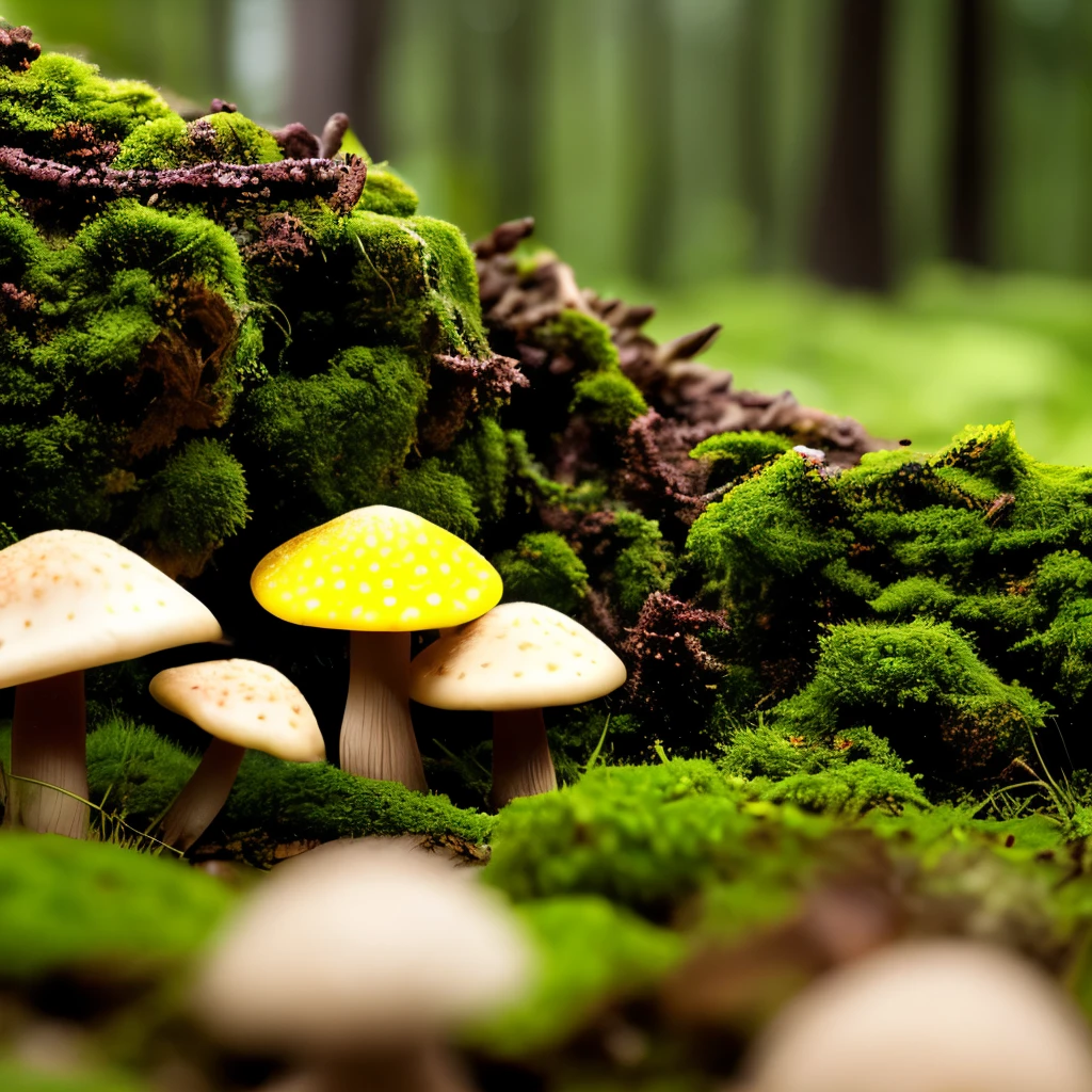 Two bright yellow mushrooms with bumpy caps stand side by side in a forest setting. They are surrounded by a mix of green moss and brown pine needles, contrasting the mushrooms' vibrant color. The natural lighting highlights the texture of the mushrooms and creates a serene, earthy atmosphere. This close-up shot uses a shallow depth of field to focus on the mushrooms while the background remains slightly blurred, emphasizing the intricate details on the mushrooms' caps.