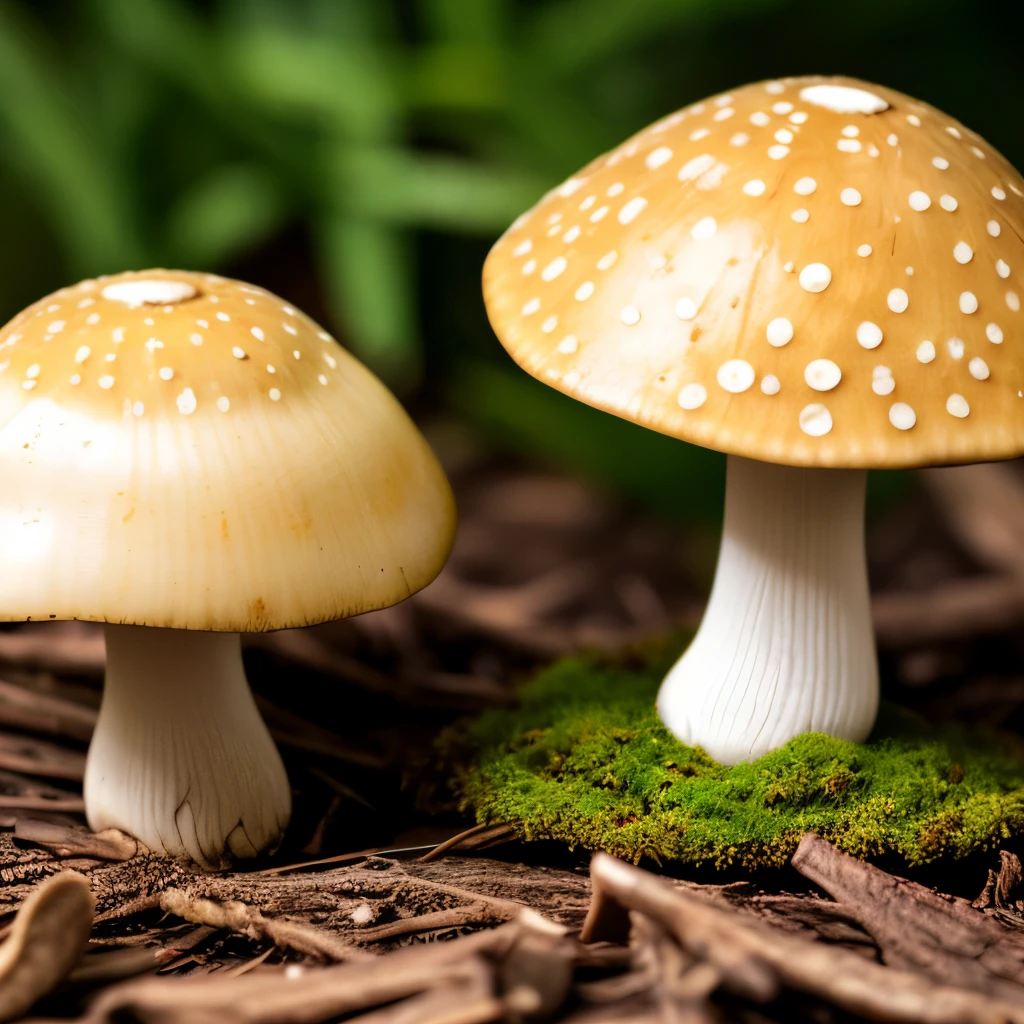 Two bright yellow mushrooms with bumpy caps stand side by side in a forest setting. They are surrounded by a mix of green moss and brown pine needles, contrasting the mushrooms' vibrant color. The natural lighting highlights the texture of the mushrooms and creates a serene, earthy atmosphere. This close-up shot uses a shallow depth of field to focus on the mushrooms while the background remains slightly blurred, emphasizing the intricate details on the mushrooms' caps.