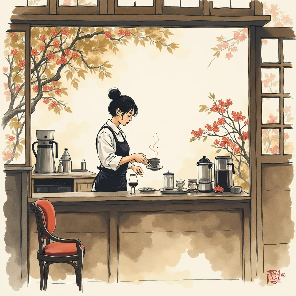 Coffee Shop, Sumi-e painting style, traditional Japanese ink wash painting, emphasizes simplicity and elegance, expressive brushwork, captures the essence of the subject with minimal strokes, meditative and reflective, (best quality, masterpiece, photorealistic), very aesthetic, perfect composition, intricate details, ultra-detailed, vivid colors