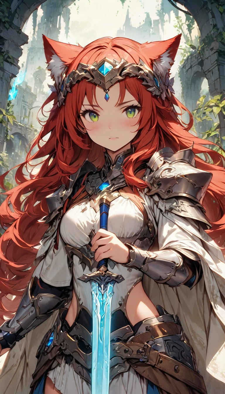 (masterpiece), (best quality:1.4), (perfect anatomy:1.4), high quality, expressive eyes, portrait, detailed face, beautiful face, perfect face, {1 girl}, in her armored knight form, standing amidst the ancient ruins of a faerie stronghold. The ruins are overgrown with twisting vines and moss-covered stones, giving the impression of a forgotten kingdom reclaimed by nature. Rhode stands tall and resolute, clad in her magical armor styled after the Eurasian lynx, with her hazel eyes gleaming with determination. Her fiery red hair cascades in loose waves down her back, contrasting with the muted colors of her surroundings. In one hand, she holds her enchanted Fae blade, its blade shimmering with otherworldly energy. In the other hand, she holds a sprig of wildflowers, symbolizing her connection to the natural world and her role as a protector of the faerie realm. Behind her, the silhouette of a full moon rises in the night sky, casting an ethereal glow over the scene and hinting at the mystical powers that lie dormant within Rhode. As she surveys the ruins with a mix of solemnity and resolve, Rhode's presence exudes strength, grace, and a timeless sense of duty to her people and her homeland.