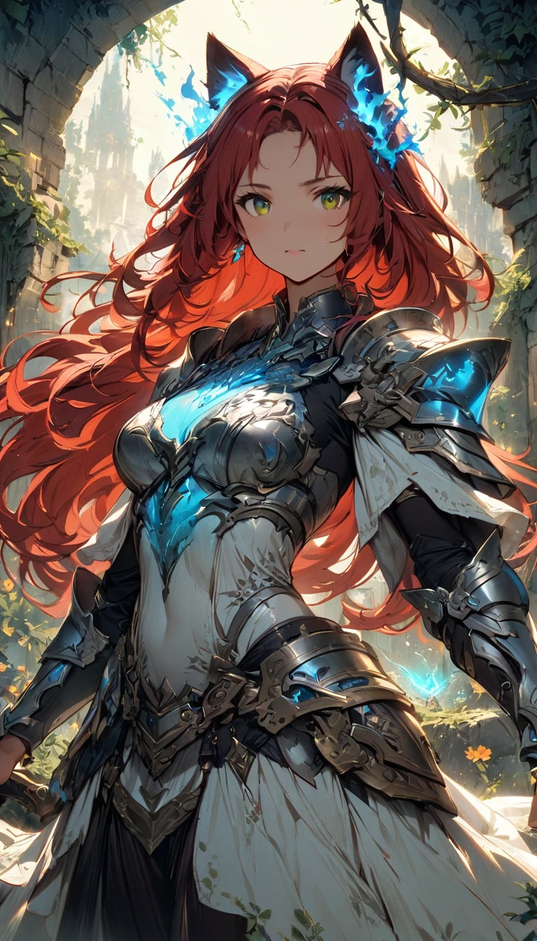 (masterpiece), (best quality:1.4), (perfect anatomy:1.4), high quality, expressive eyes, portrait, detailed face, beautiful face, perfect face, {1 girl}, in her armored knight form, standing amidst the ancient ruins of a faerie stronghold. The ruins are overgrown with twisting vines and moss-covered stones, giving the impression of a forgotten kingdom reclaimed by nature. Rhode stands tall and resolute, clad in her magical armor styled after the Eurasian lynx, with her hazel eyes gleaming with determination. Her fiery red hair cascades in loose waves down her back, contrasting with the muted colors of her surroundings. In one hand, she holds her enchanted Fae blade, its blade shimmering with otherworldly energy. In the other hand, she holds a sprig of wildflowers, symbolizing her connection to the natural world and her role as a protector of the faerie realm. Behind her, the silhouette of a full moon rises in the night sky, casting an ethereal glow over the scene and hinting at the mystical powers that lie dormant within Rhode. As she surveys the ruins with a mix of solemnity and resolve, Rhode's presence exudes strength, grace, and a timeless sense of duty to her people and her homeland.