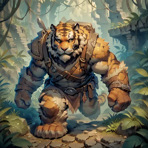 ((whole body)), (adventurer), ((plump middle-aged tiger man)), running through a forest, (brown eyes), beautiful beard, (male fa...