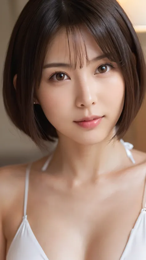 one girl, japanese,small breasts , ((short bob cut for brunettes)), (relaxed facial expression), ((close-up of face with makeup:...