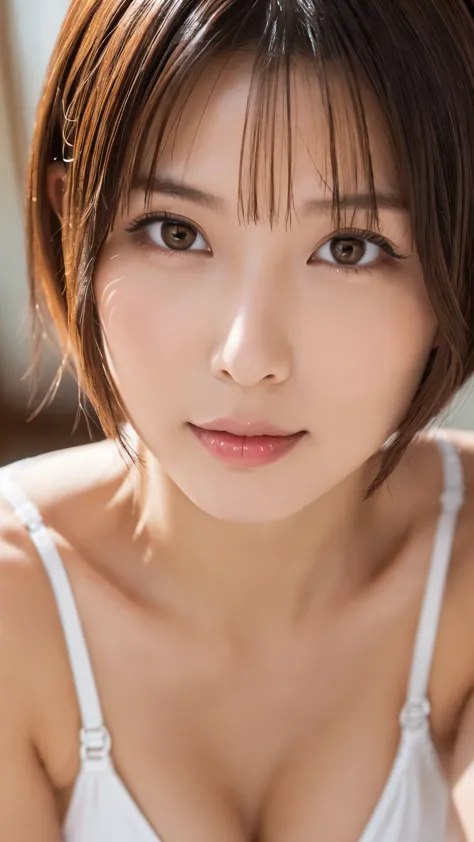 one girl, japanese,small breasts , ((short bob cut for brunettes)), (relaxed facial expression), ((close-up of face with makeup:...