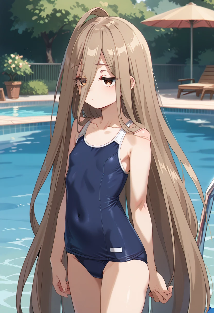 masterpiece,best quality,cowboy shot,solo,1girl,very youg girl,(petite),((skinny)),small breast,navy colored school swimsuit,pool side,sense \(sousou no frieren\),brown eyes,very long hair,absurdly long hair,hair between eyes,eyes visible through hair,(ahoge),sleepy eyes,