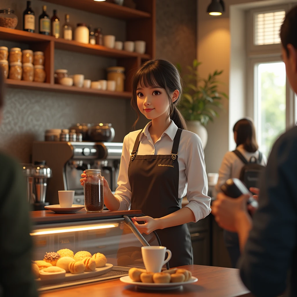  Realism Девушка Стоит за Прилавком в Униформе Продает Кофе, Holding a Jar of Coffee, There is a queue of people, There are many different types of coffee on display, There is a coffee machine and mugs, Various Sweets in the Lower Showcase, Realism, Warm Atmosphere Pleasant Lighting, masterpiece, full detailed, 