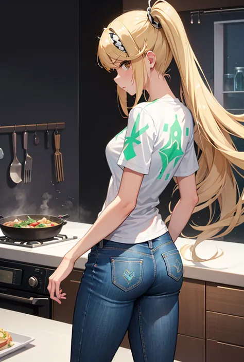 mythra hikari, long blonde hair, sexy and transparent t-shirt, sexy and very tight jeans, sneakers, scene of a kitchen, cooking,...