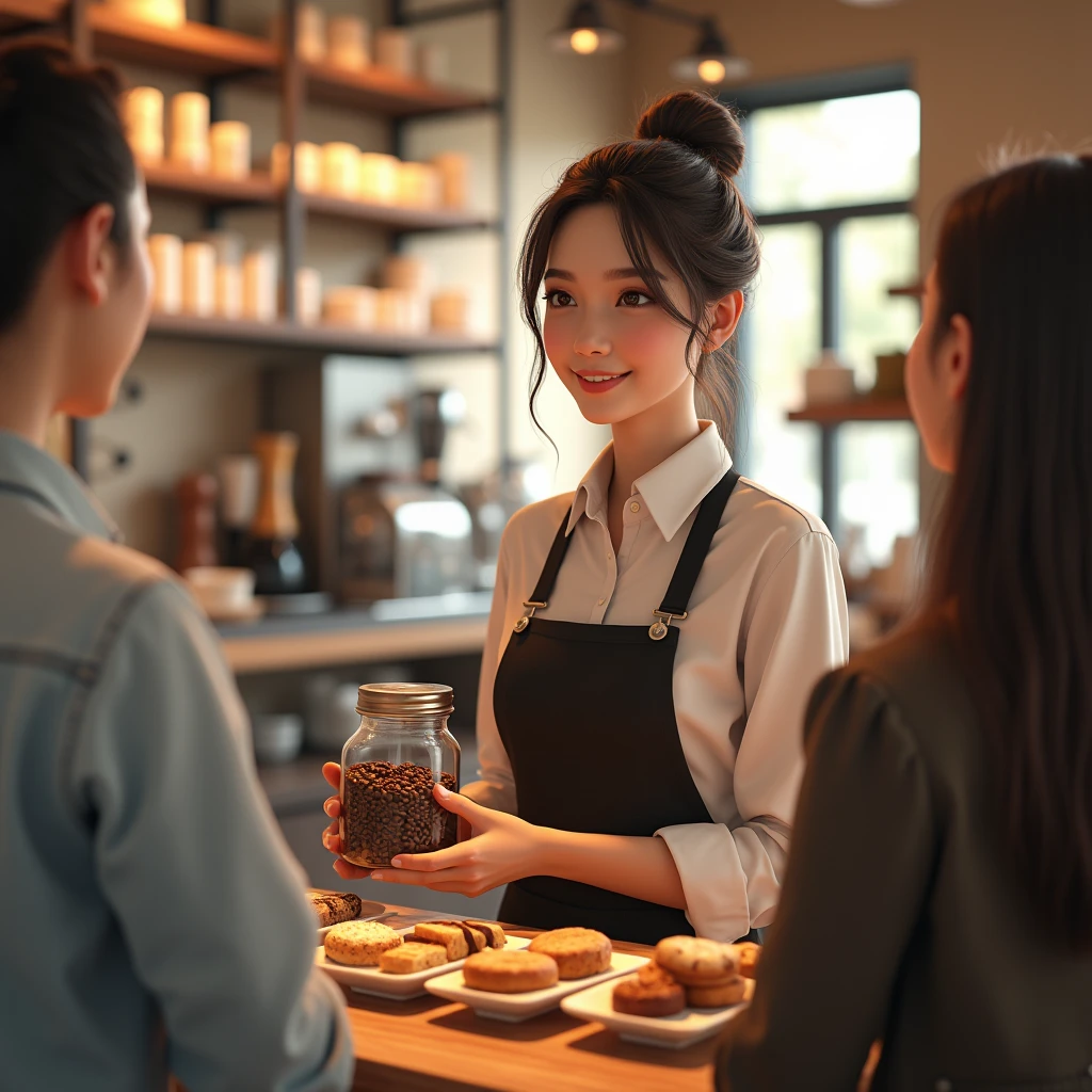  Realism Девушка Стоит за Прилавком в Униформе Продает Кофе, Holding a Jar of Coffee, There is a queue of people, There are many different types of coffee on display, There is a coffee machine and mugs, Various Sweets in the Lower Showcase, Realism, Warm Atmosphere Pleasant Lighting, masterpiece, full detailed, 