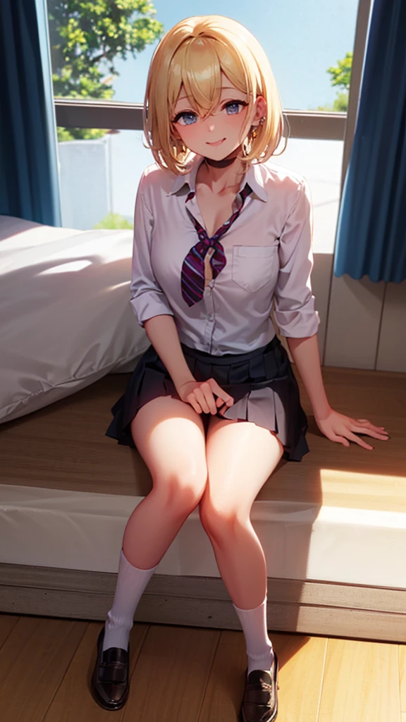 ((masterpiece、Highest quality、Very detailed))、one person、gyaru、blunt bangs、Grey Eyes、evil smile、((Sit on the bed、Leg spread、sexual temptation))、((lots of piercing))、Small chest chest、((White collared shirt))、((Black pleated skirt))、((micro miniskirt))、Cowboy Shot、Classroom Background High Resolution, masterpiece, accurate, Anatomically correct, Winner of numerous awards, Highest quality, Damaged, High-resolution model, High detail, retina, Very detailed, Textured skin, Ultra high definition, movie light effect, movie, Movie shooting, clair obscur, Background blur, Everything detailed and exquisite、Complete human body、Correct human body、Perfect human body、Accurate human body、Detailed Background、Elaborate Background,
(((night:1.8, Desaturated lighting、Ambient lighting:1.3, A room with the lights off:1.8))),
(((コンビニのバックヤード:1.8))), 

((Thin, sharp eyes:1.7, Huge breasts、Big cleavage、Licking your lips:1.6, Long eyelashes, Make a smile with your fingers:1.8, A seductive smile,))