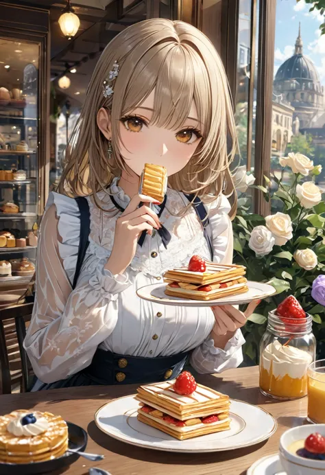 masterpiece、 highest quality, highly detailed、8k、 high resolution,  a relaxing afternoon at the cafe、one woman、food、sweets、layer...