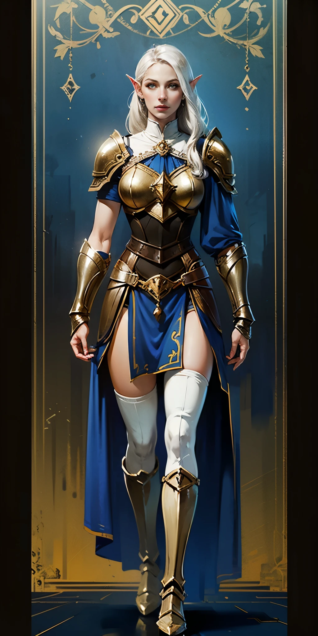 masterpiece, best quality, high quality, white SKIN elf, long hair, white hair, yellow eyes, full body, def_effie, blue breastplate, white skin, looking at viewer, shiny,armor, thighhighs, high boots,shoulder armor, faulds, poleyn, gloves, gauntlets